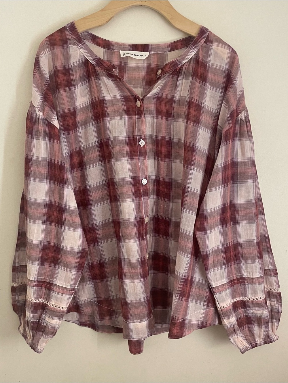 Lucky Brand Plaid Cotton Peasant Blouse Pink Burgundy Boho Balloon Sleeve Medium